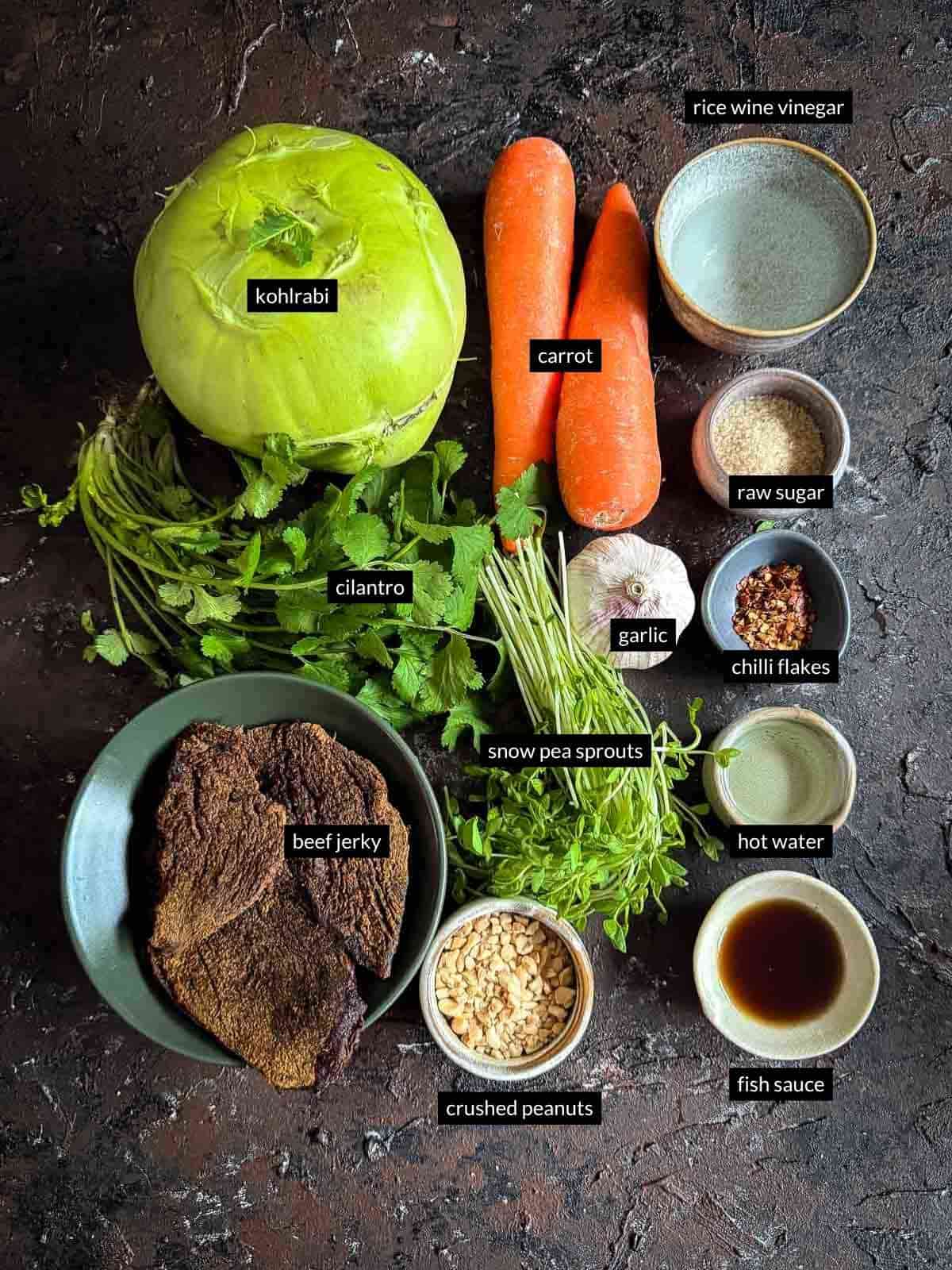 Individually labelled ingredients for Asian Slaw Recipe with Beef Jerky and Kohlrabi