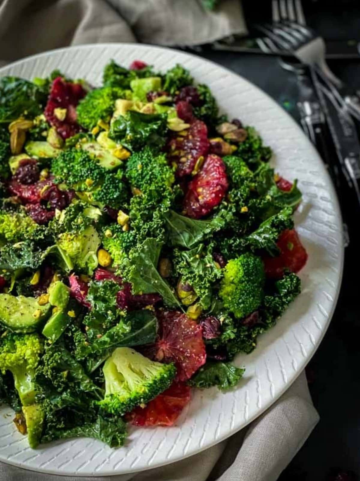Cranberry and kale salad with blood orange wheels, blanched broccoli florets, diced avocado, dried cranberries, and chopped pistachios on a white ribbed plate against a dark background.