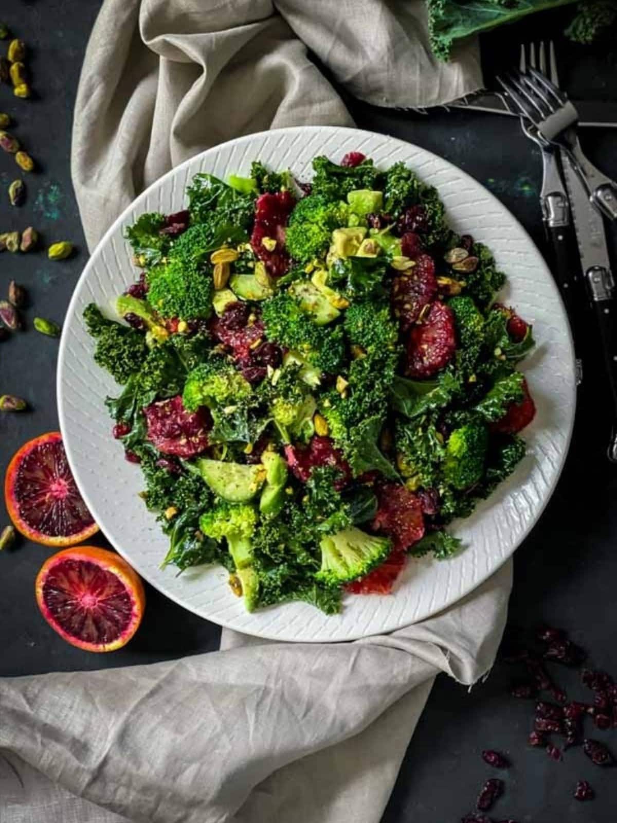 Cranberry and kale salad with blood orange wheels, blanched broccoli florets, diced avocado, dried cranberries, and chopped pistachios on a white ribbed plate against a dark background.