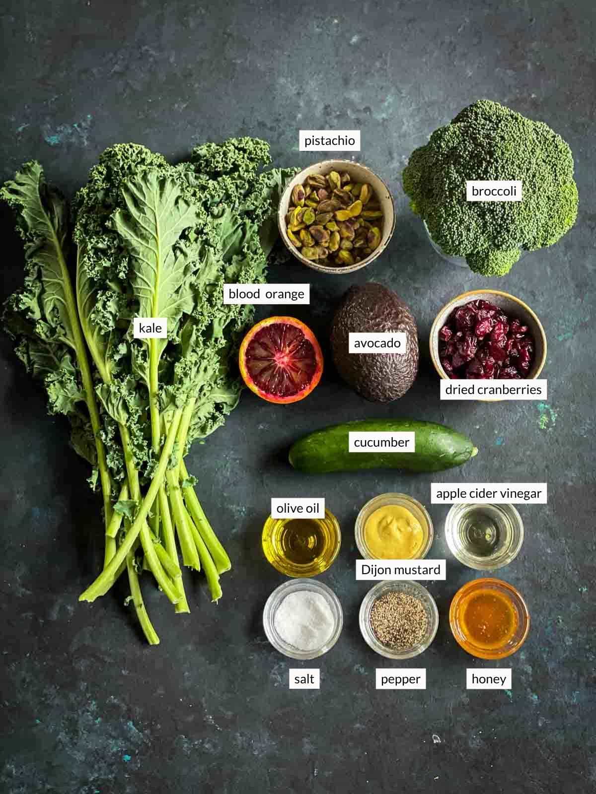 Individually labelled ingredients for Cranberry and Kale Salad
