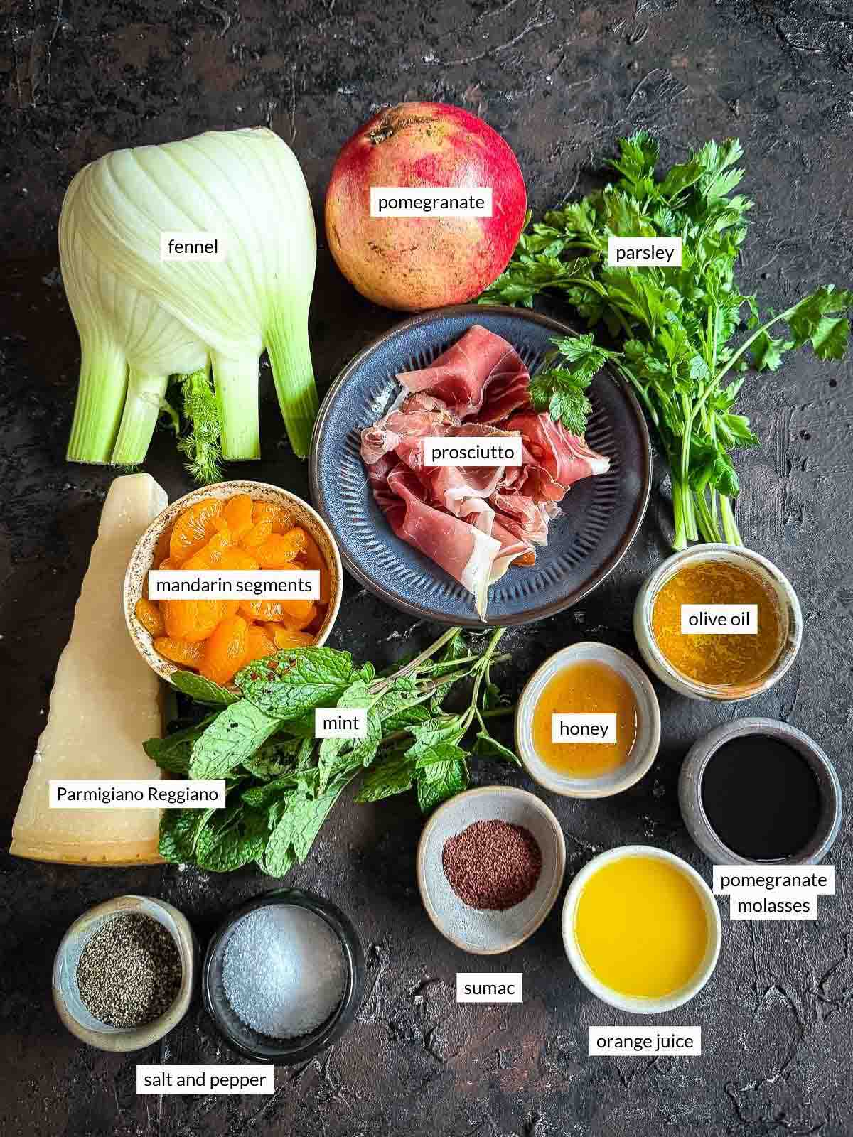 Individually labelled ingredients for Shaved Fennel Salad with Mandarin, Prosciutto & Pomegranate