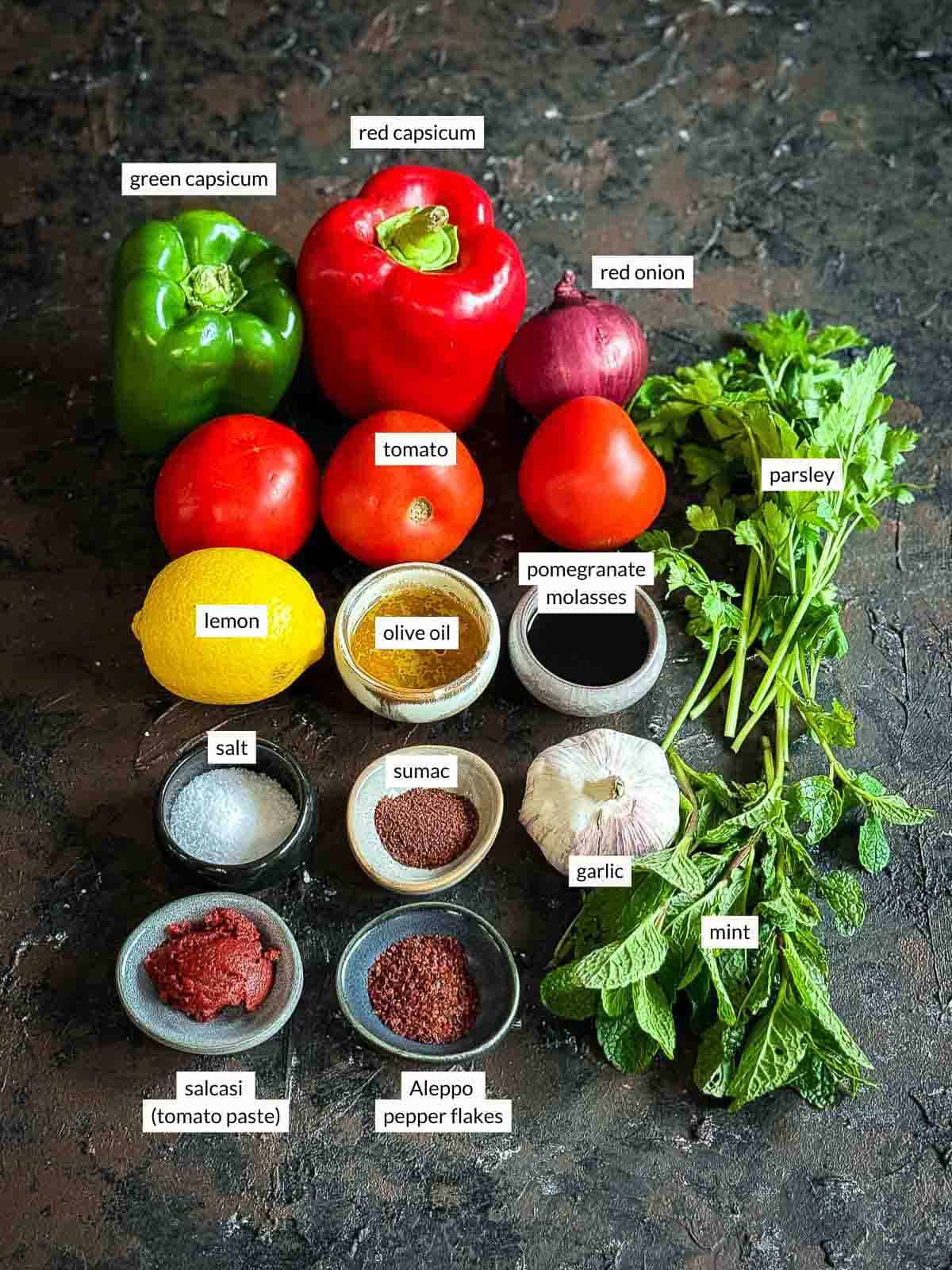 Individually labelled ingredients for Ezme salad