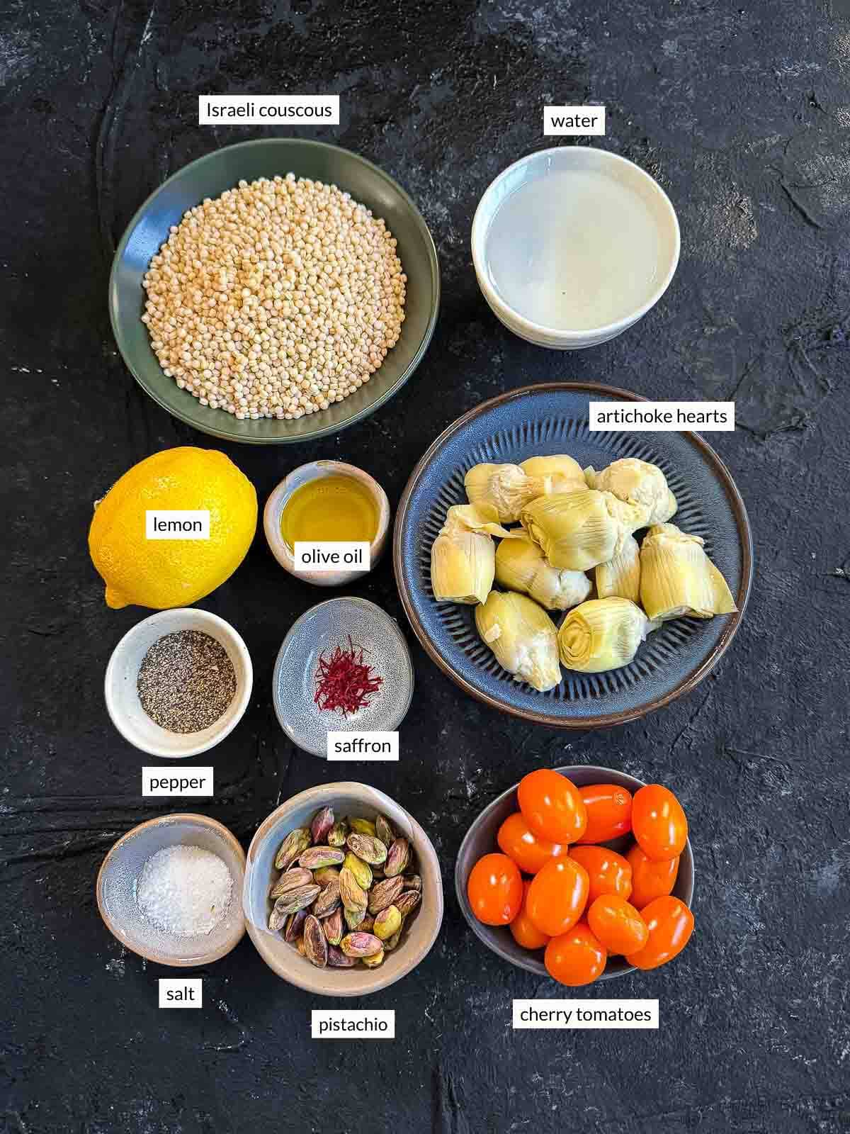Individually labelled ingredients for Saffron Israeli Couscous with Roasted Artichoke Hearts
