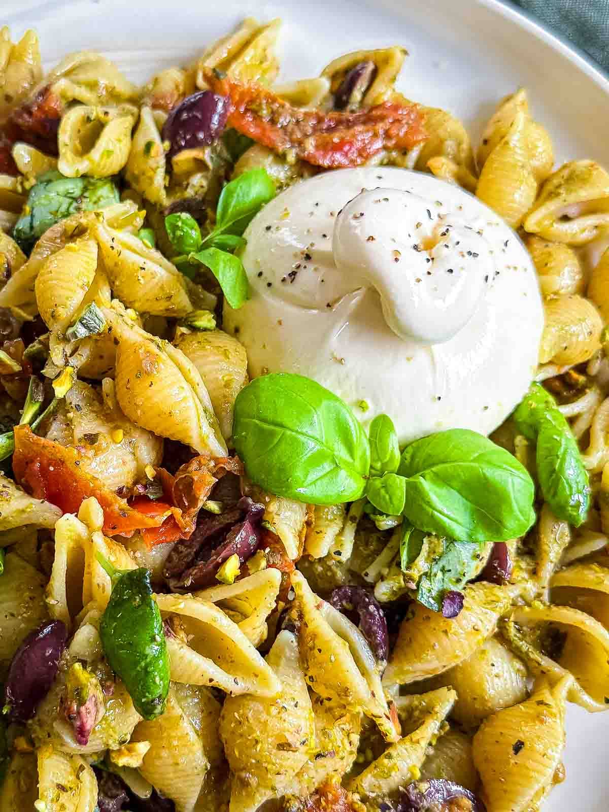 Close up photo of Semi-dried Tomato Pesto Pasta Salad with Burrata on a white plate