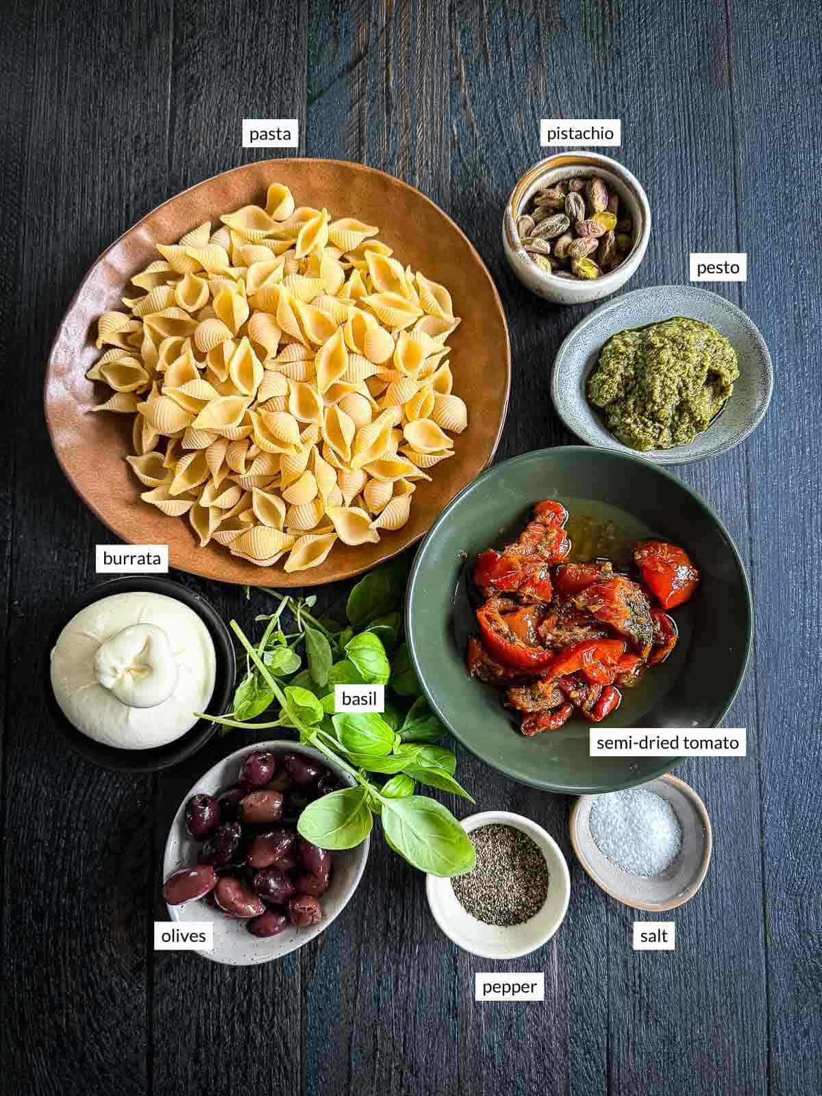Individually labelled ingredients for Semi-dried Tomato Pesto Pasta Salad with Burrata