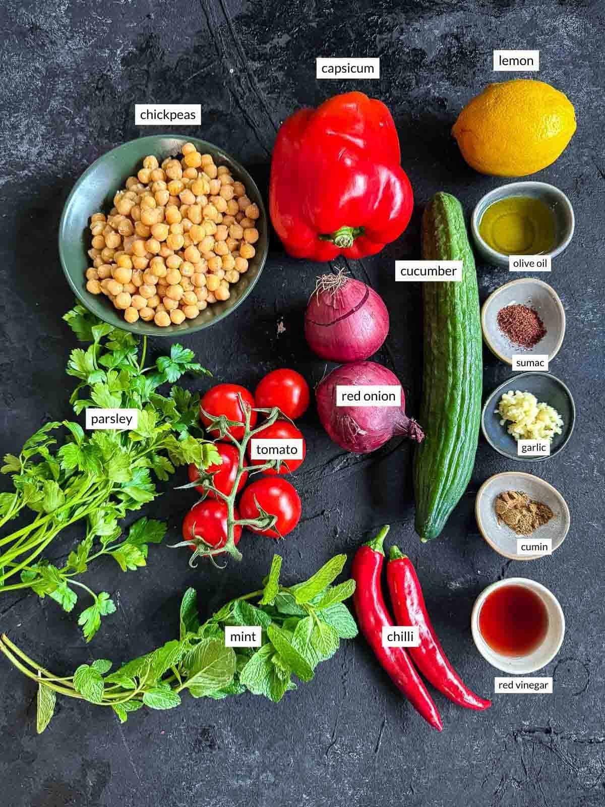 Individually labelled ingredients for a balela salad recipe